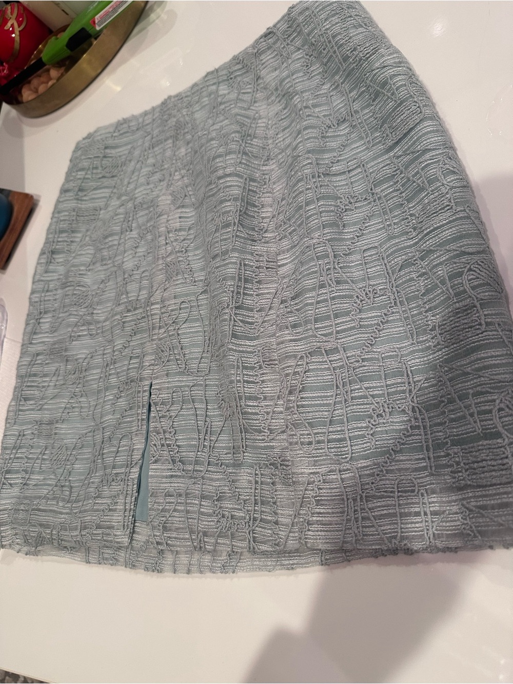 Textured Pale Blue Mini Skirt with Front Slit
